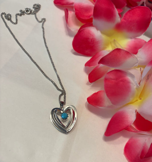 Sterling Silver double Heart Pendant with Turquoise Chip Inlay necklace