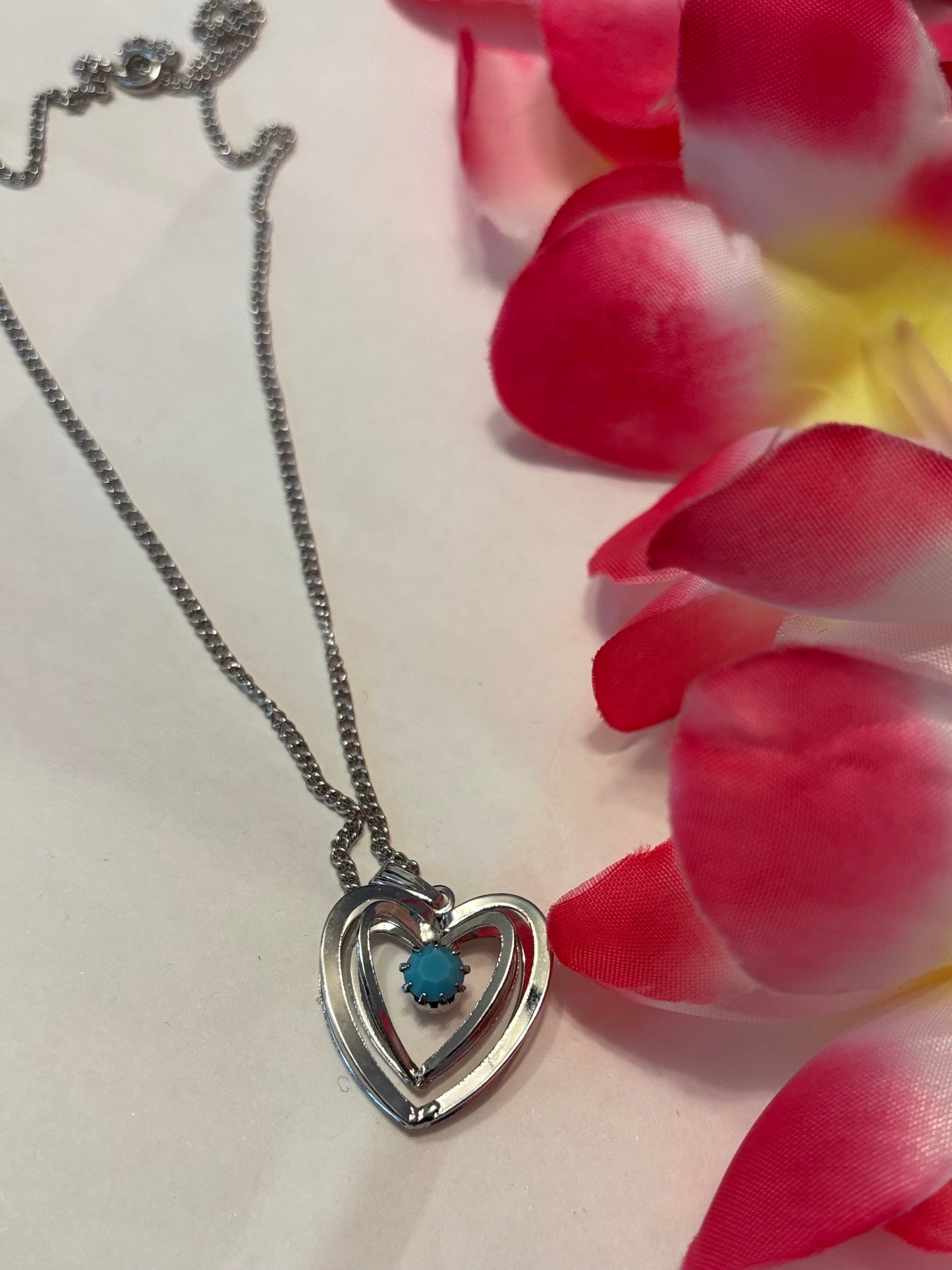 Sterling Silver double Heart Pendant with Turquoise Chip Inlay necklace