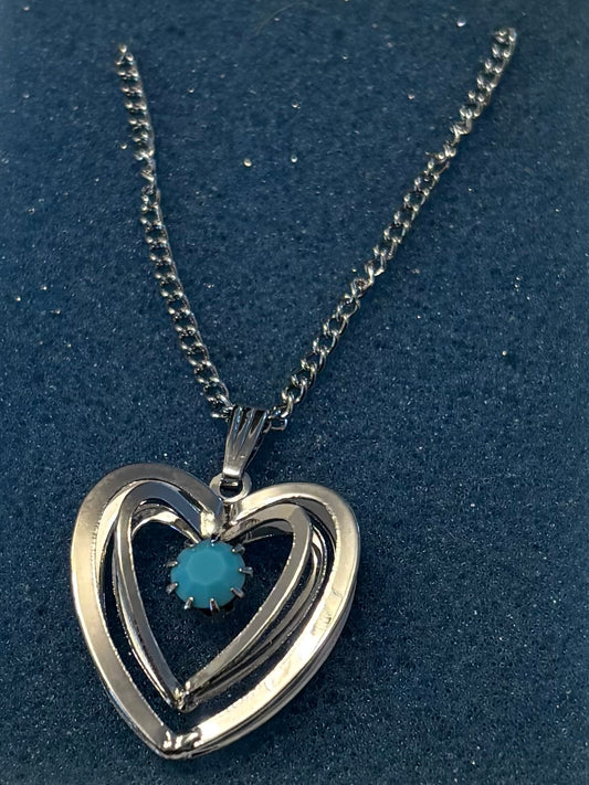 Sterling Silver double Heart Pendant with Turquoise Chip Inlay necklace