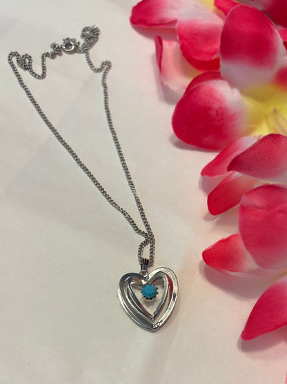 Sterling Silver double Heart Pendant with Turquoise Chip Inlay necklace